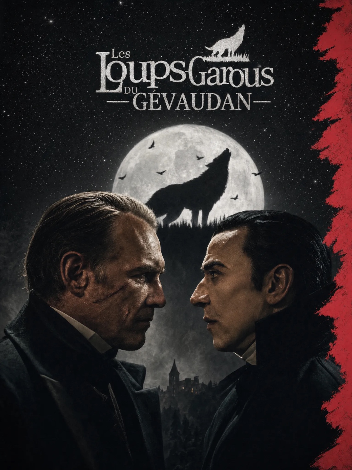 Affiche officielle Les Loups-Garous de Gévaudan : un loup-garou face au Comte Dracula sous la pleine lune